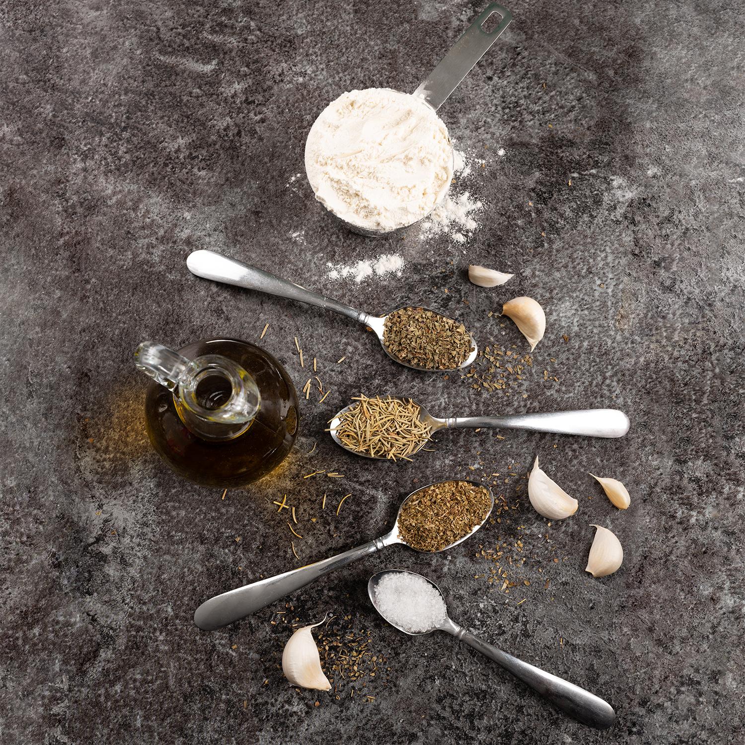 Garlic and Herb Croutons seasonings laid out