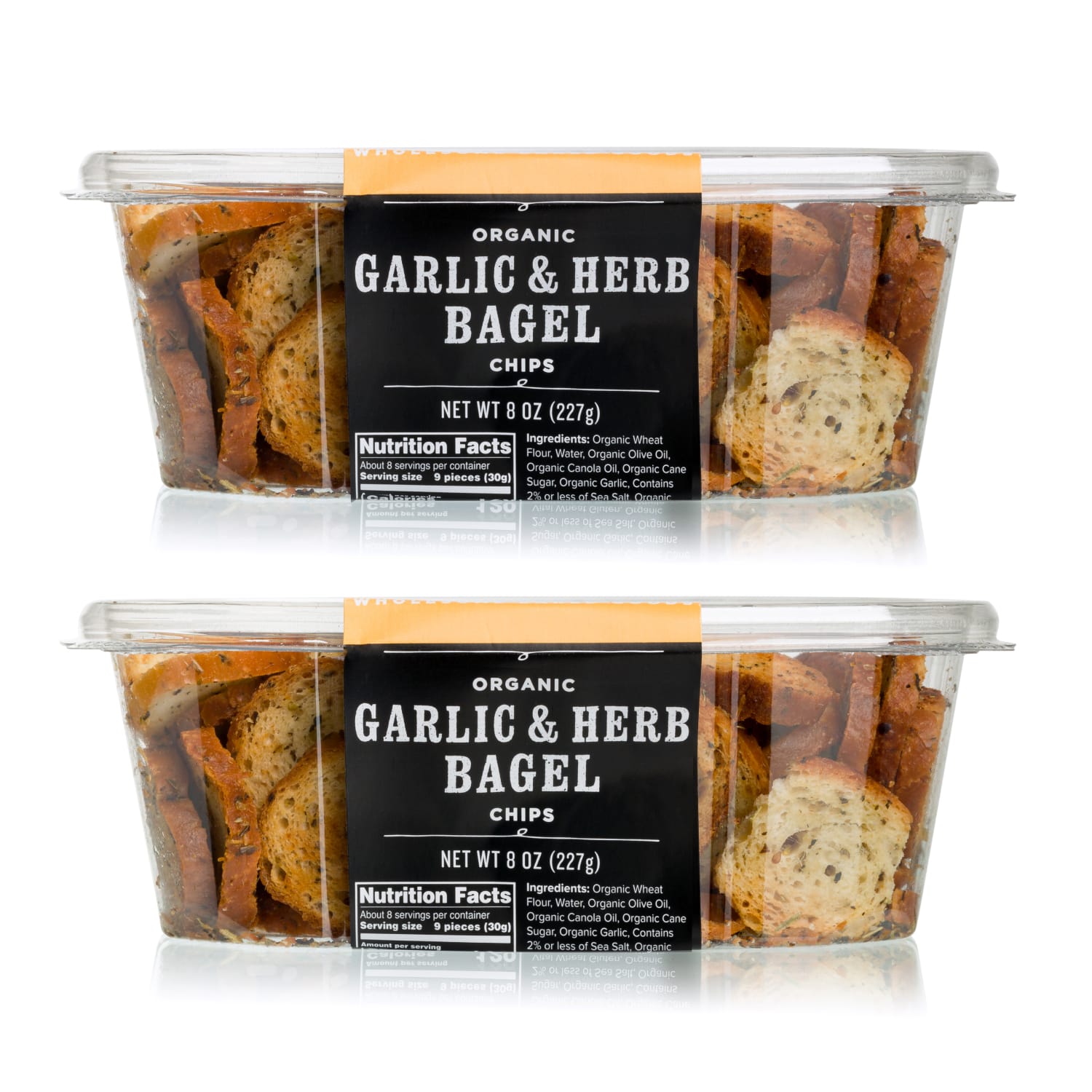 two Garlic & Herb Bagel Chips containers from the side