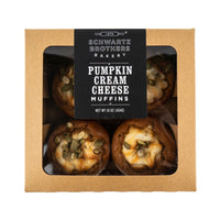 Box of Schwartz Brothers Bakery pumpkin cream cheese muffins with a clear window.